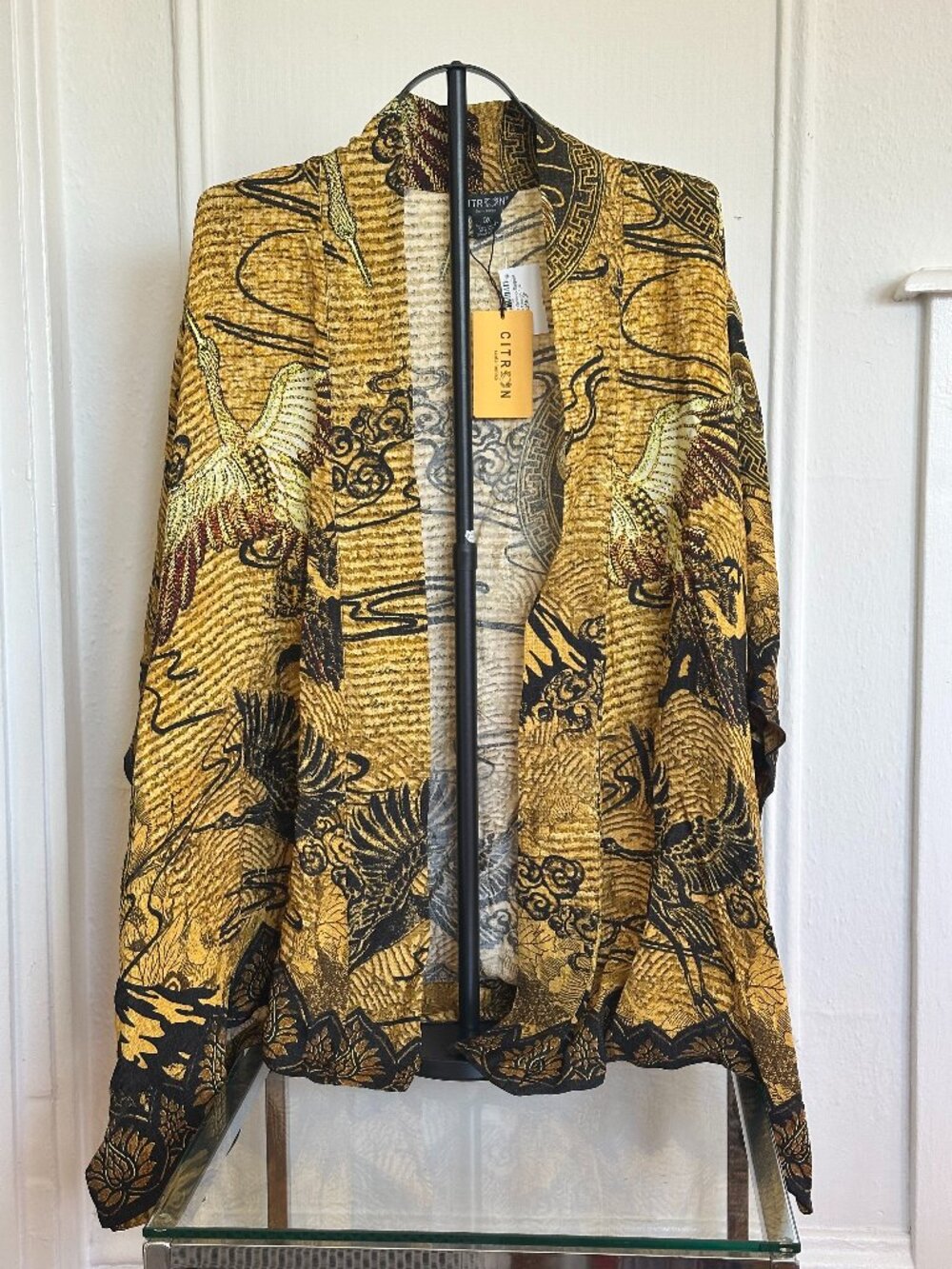 NWT Citron Santa Monica Crane Silk Kimono Jacket | Gold/Black | Size 0X | $265 R